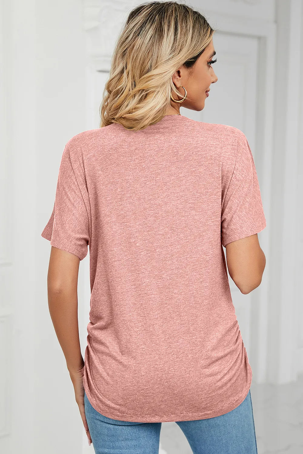 Ruched V-Neck Short Sleeve T-Shirt – Trendsi | ClozArt