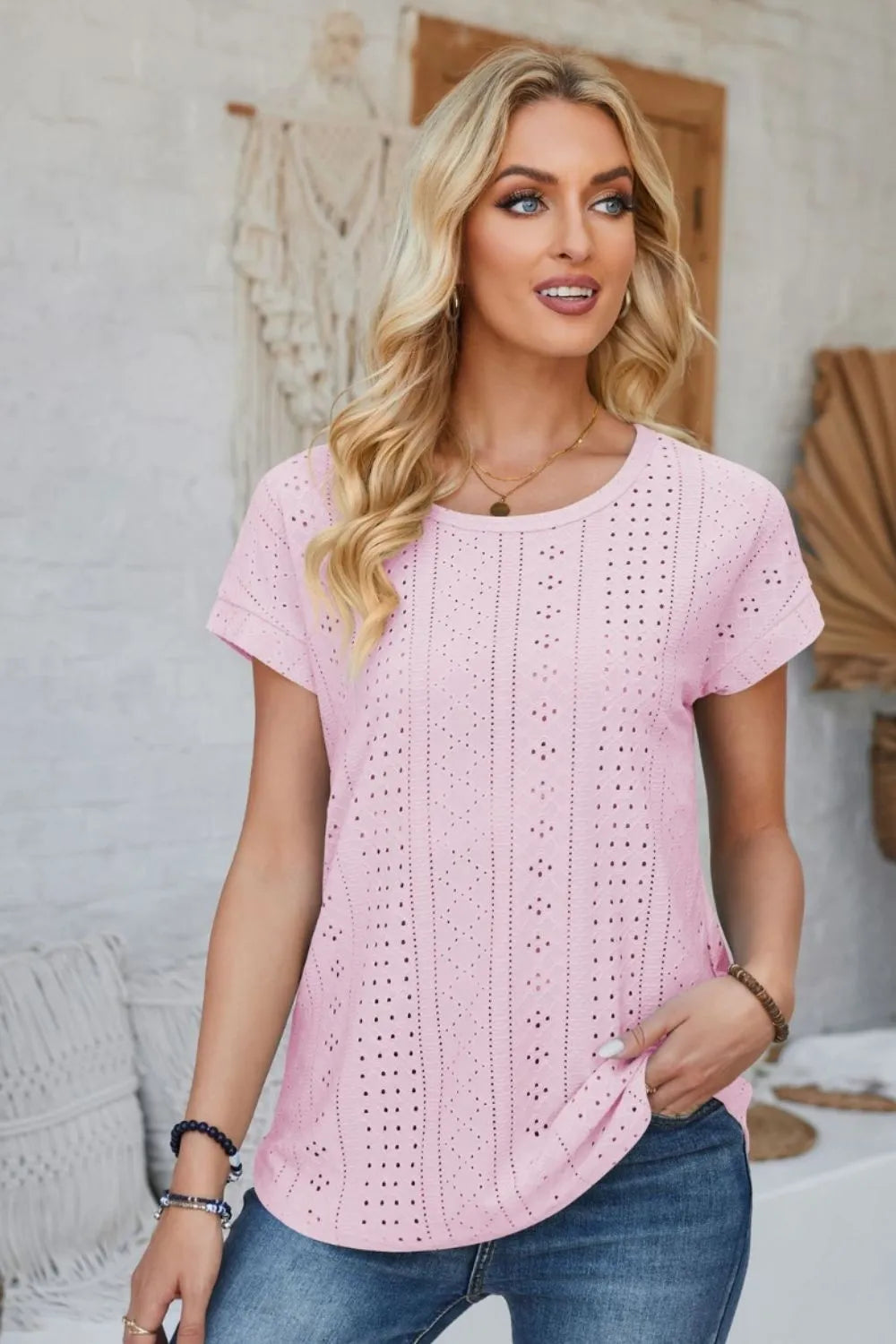 Eyelet Round Neck Rolled Short Sleeve T-Shirt – Trendsi | ClozArt