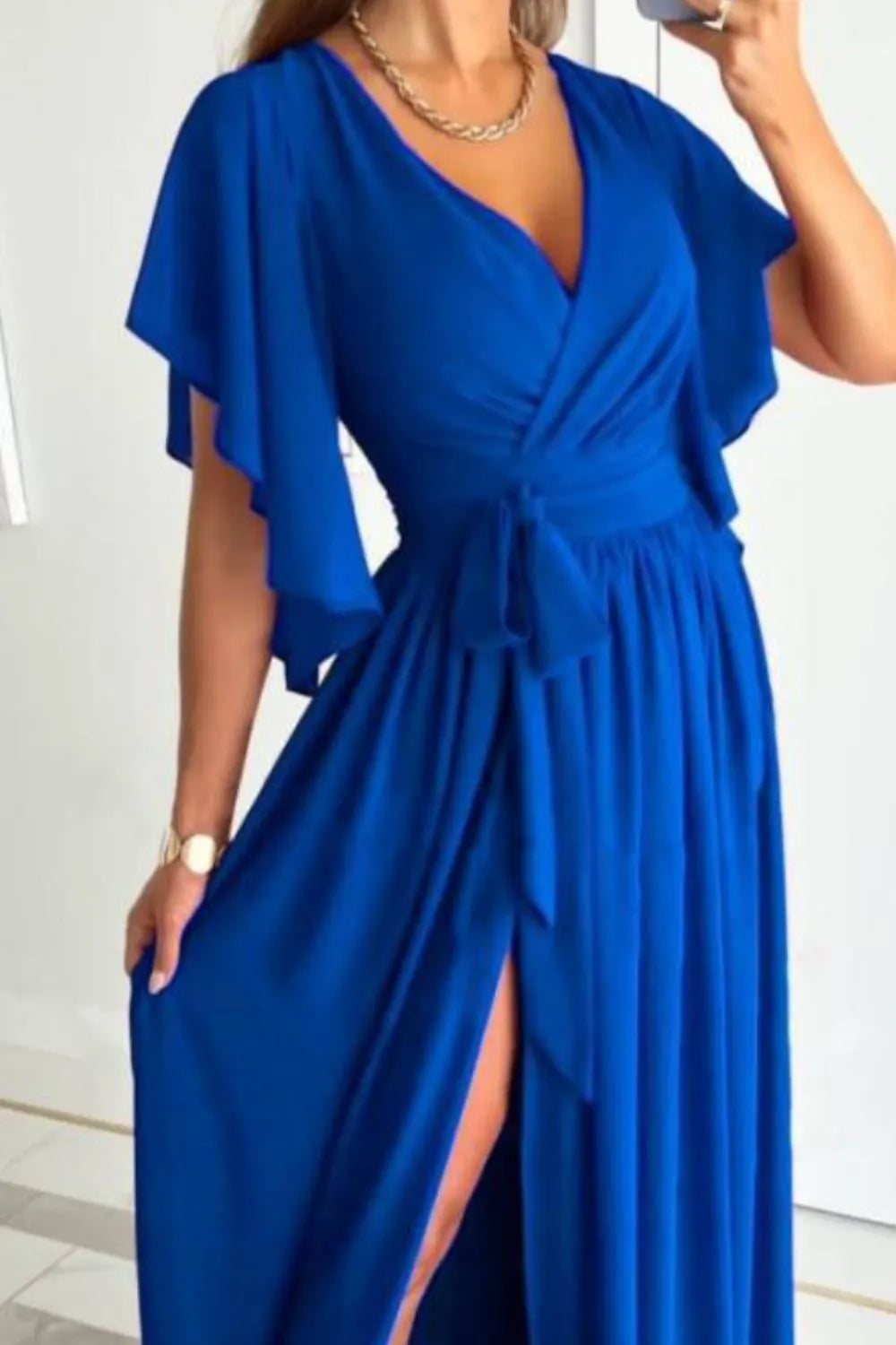 Surplice Flutter Sleeve Maxi Dress – Trendsi | ClozArt