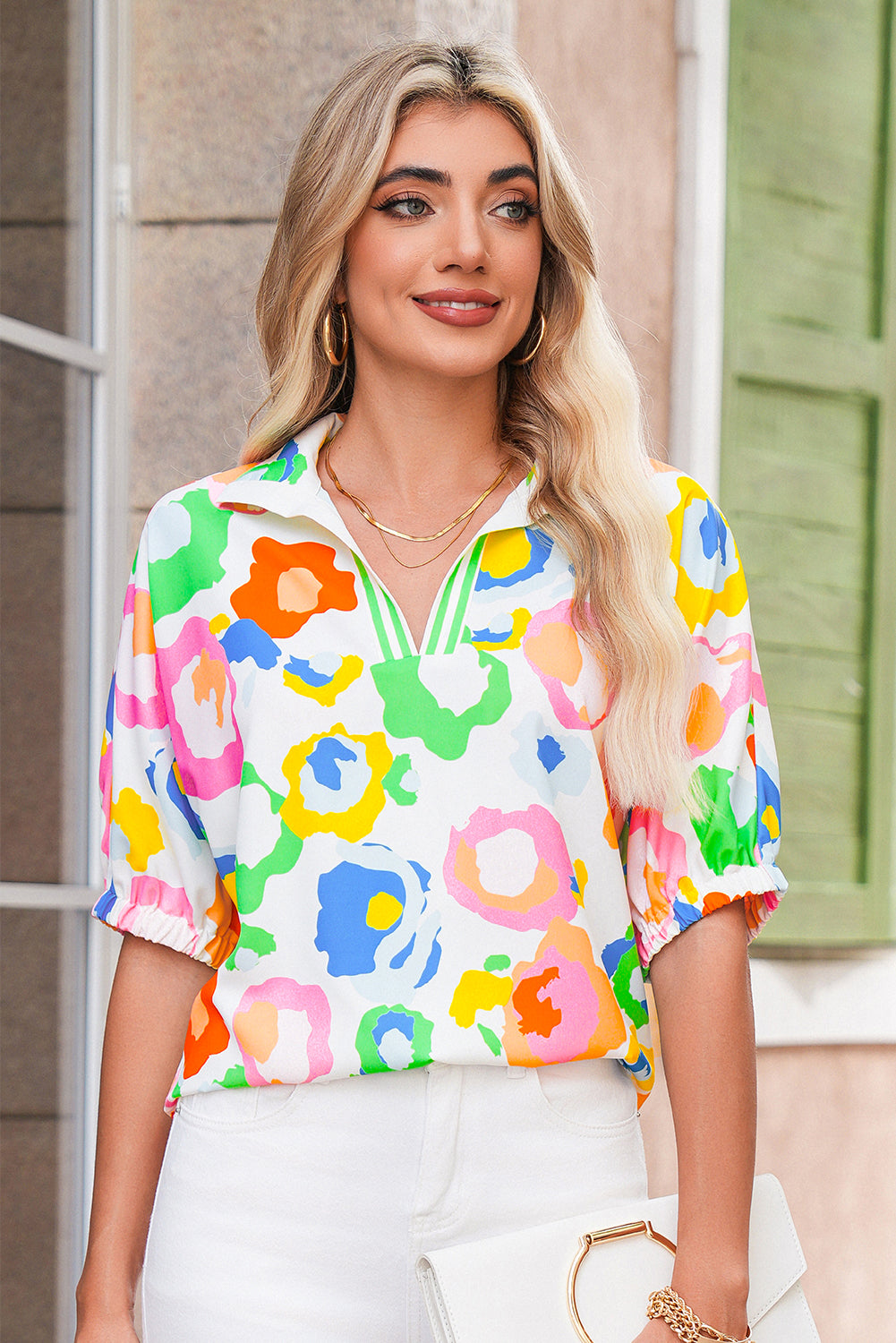 Green Abstract Leopard Short Sleeve Pop of Color Neckline Blouse – Shewin | ClozArt