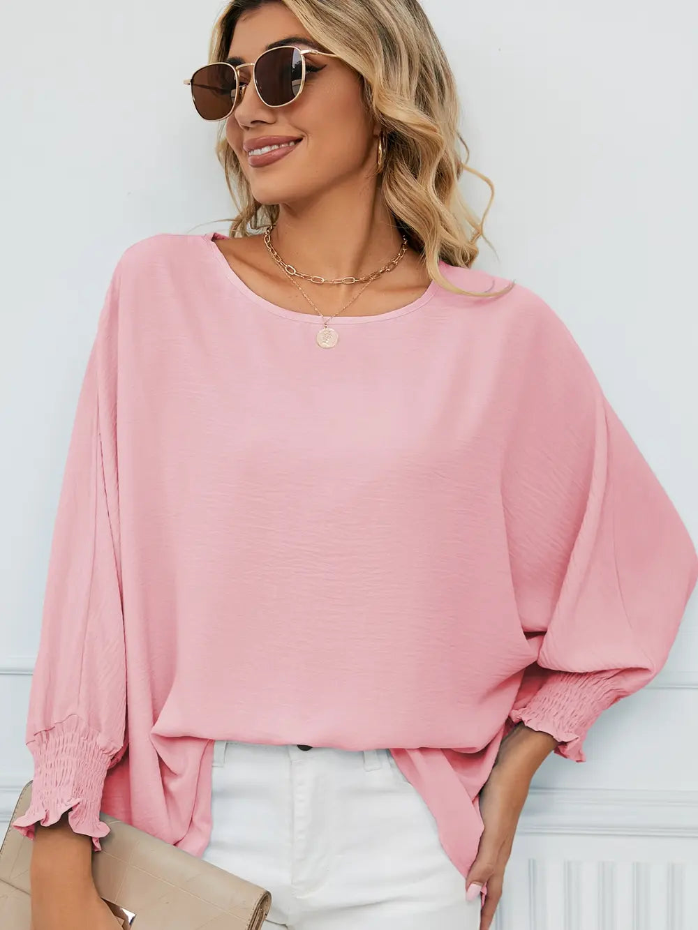 Smocked Lantern Sleeve Round Neck Blouse – Trendsi | ClozArt