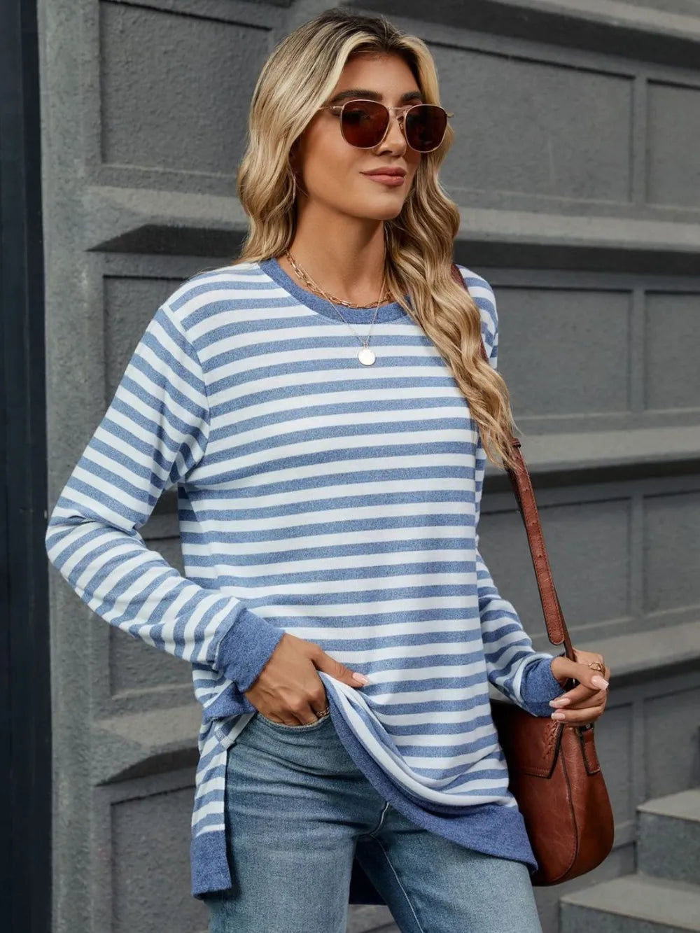 Striped Round Neck Long Sleeve T-Shirt – Trendsi | ClozArt