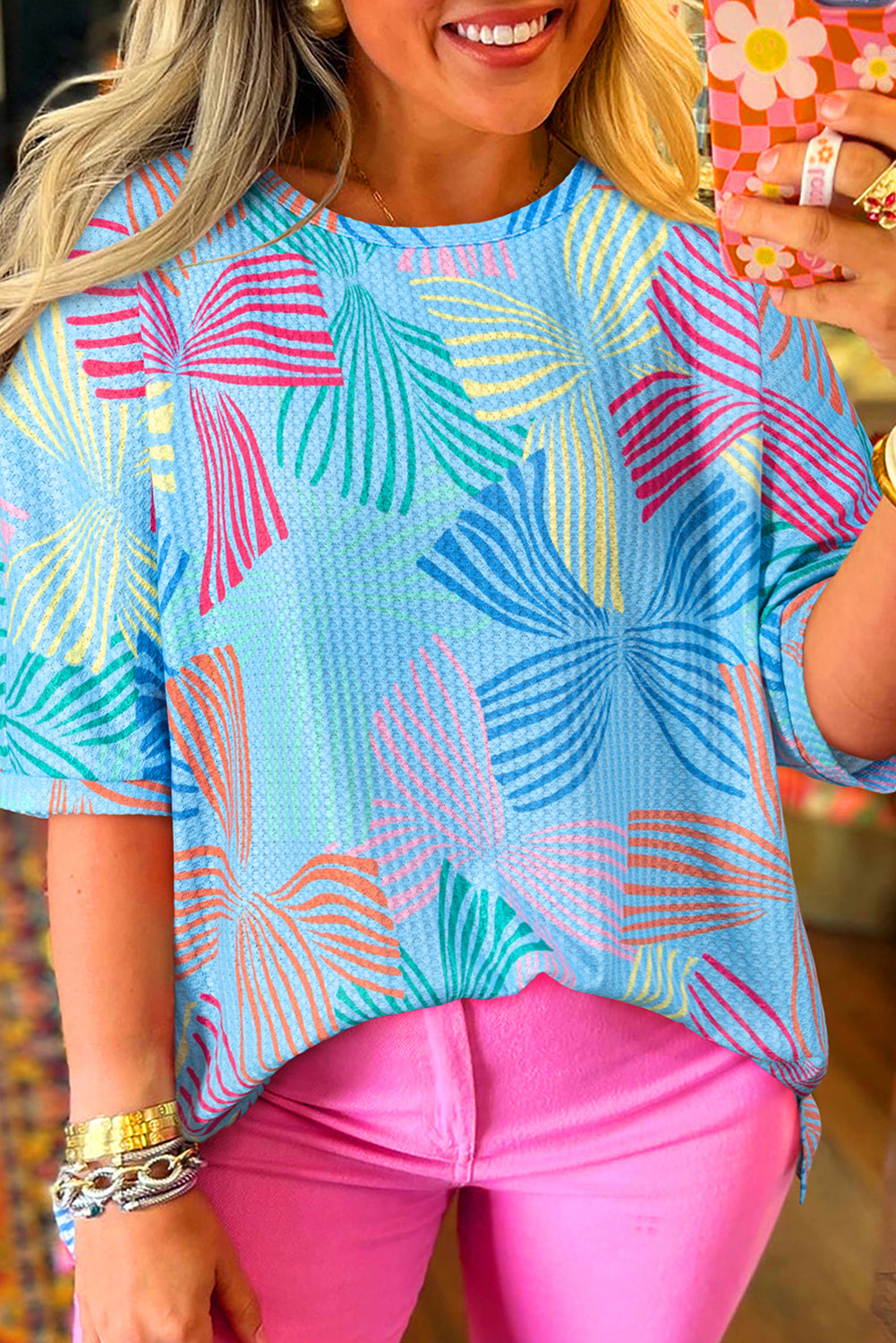Multicolour Bowknot Print Waffle Loose Tee – Shewin | ClozArt