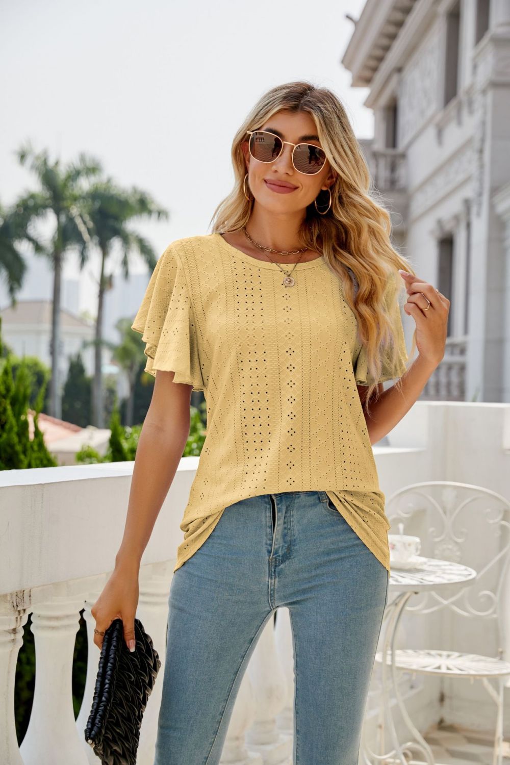 Eyelet Flutter Sleeve Round Neck Top – Trendsi | ClozArt