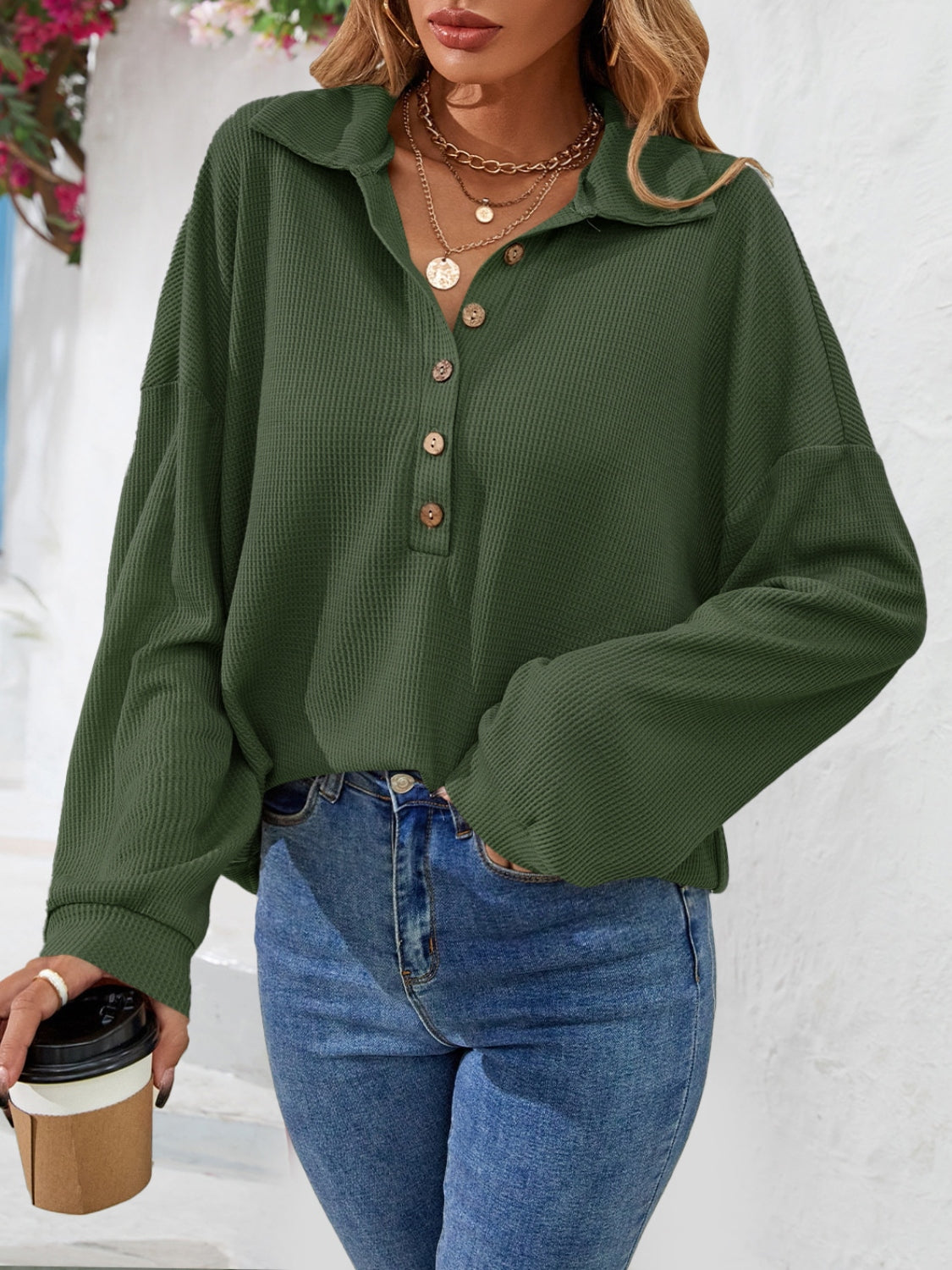 Half Button Collared Neck Long Sleeve Top – Trendsi | ClozArt