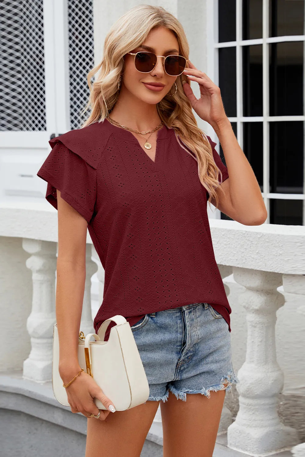 Eyelet Notched Short Sleeve T-Shirt – Trendsi | ClozArt