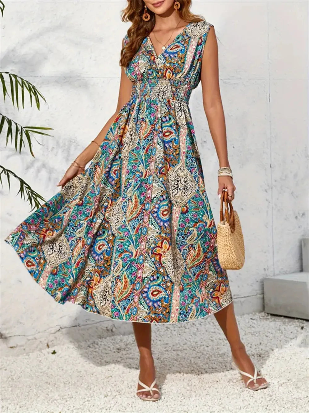 Smocked Printed Surplice Sleeveless Midi Dress – Trendsi | ClozArt