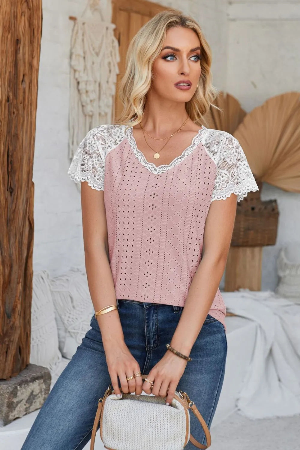 Eyelet V-Neck Lace Short Sleeve T-Shirt – Trendsi | ClozArt