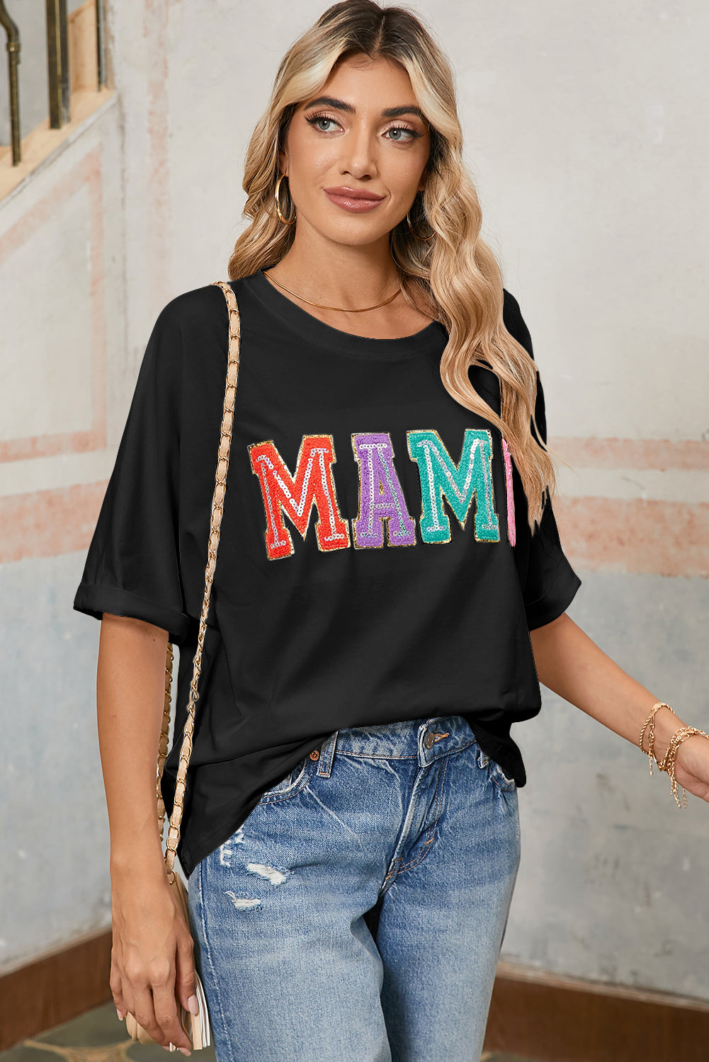 Black MAMA Chenille Patched Crew Neck T Shirt – Shewin | ClozArt