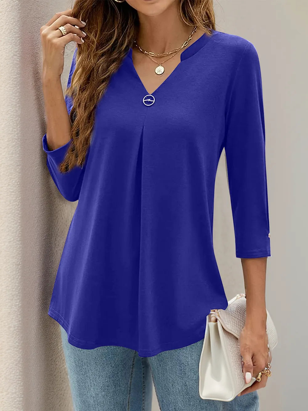 Notched Three-Quarter Sleeve T-Shirt – Trendsi | ClozArt