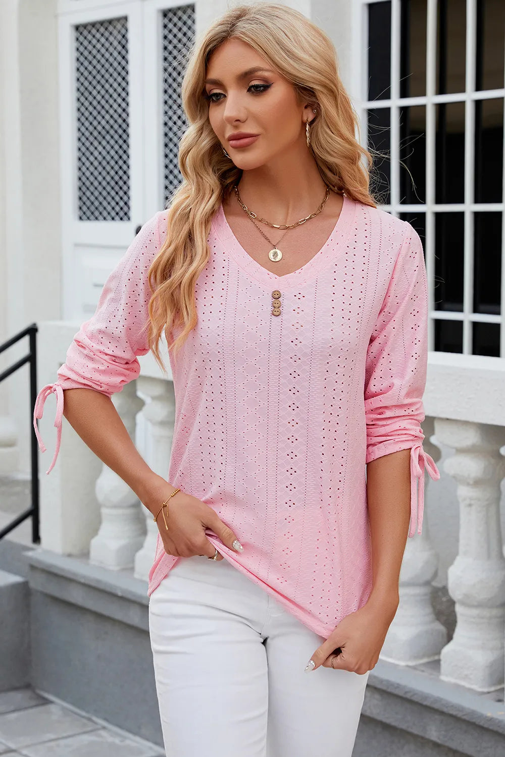 Eyelet Drawstring V-Neck Half Sleeve T-Shirt – Trendsi | ClozArt