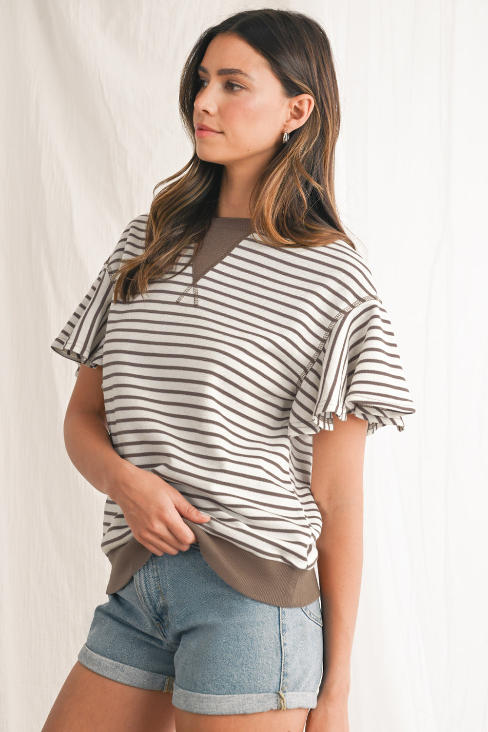 Sachet Pink Striped Ruffle Sleeve Round Neck Top – Shewin | ClozArt