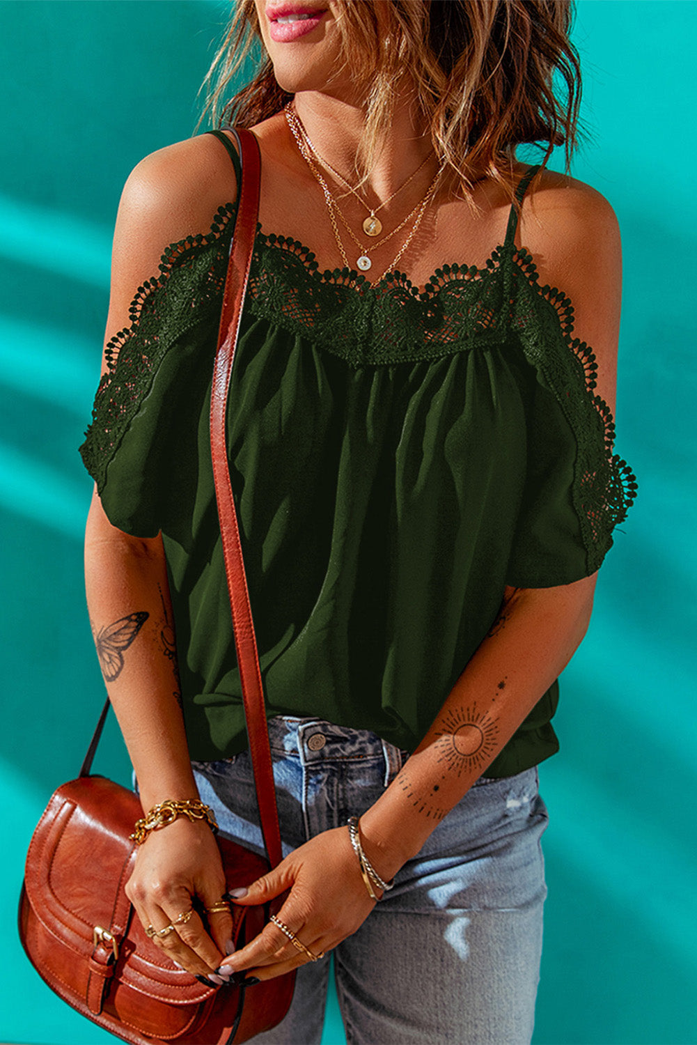 Spaghetti Strap Cold-Shoulder Lace Trim Blouse – Trendsi | ClozArt
