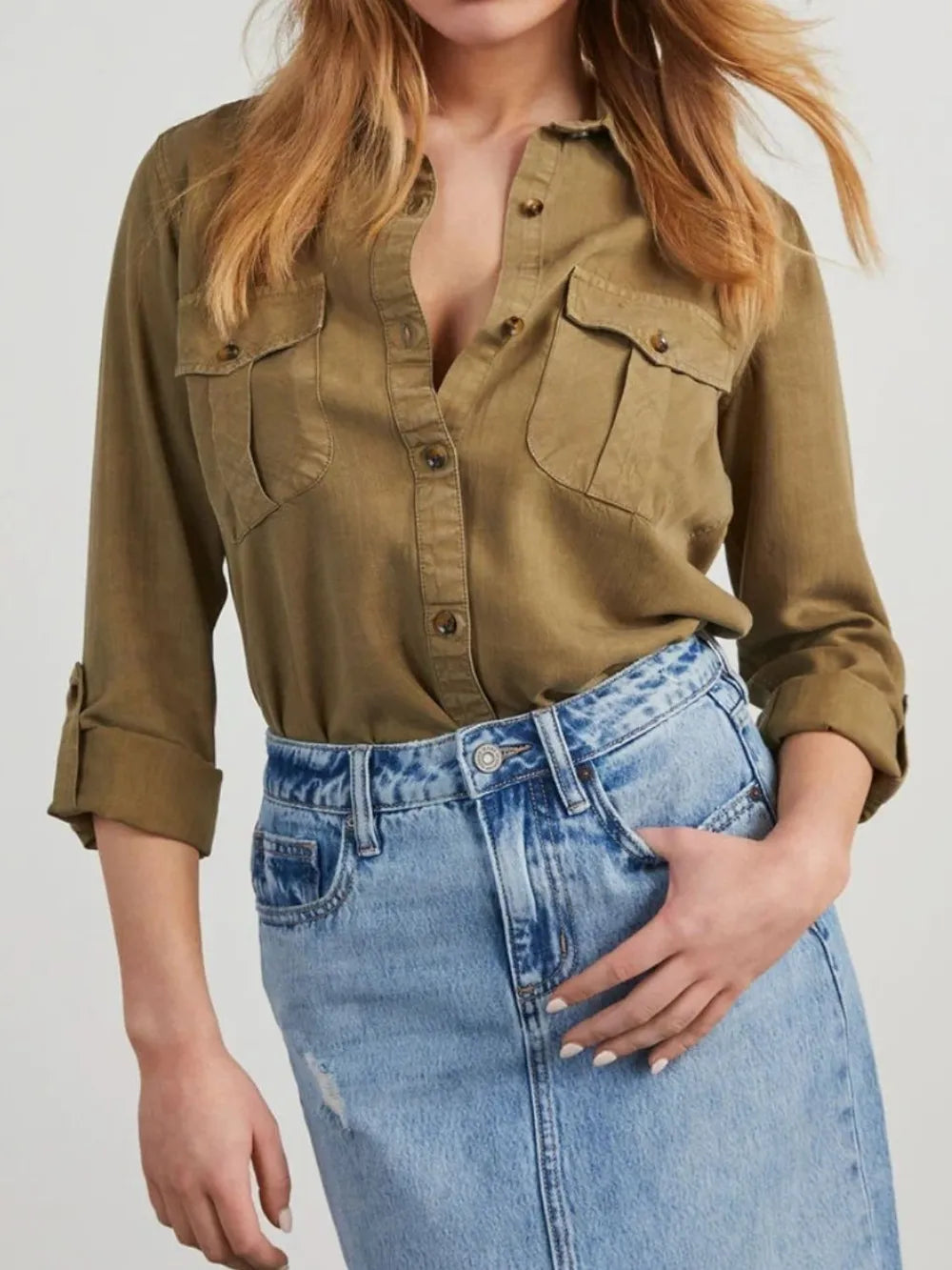 Collared Neck Roll-Tab Sleeve Denim Top – Trendsi | ClozArt