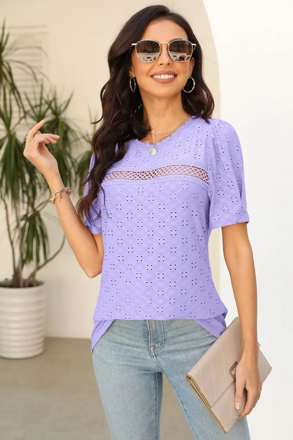 Eyelet Round Neck Short Sleeve T-Shirt – Trendsi | ClozArt