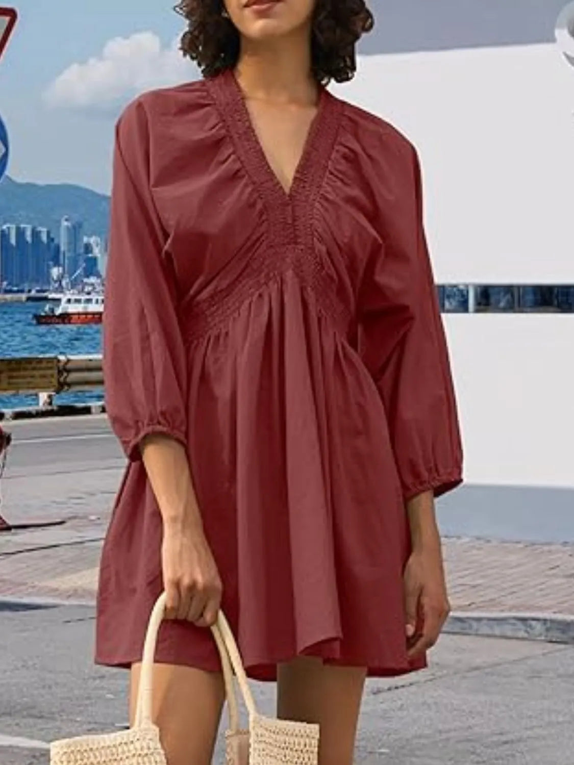 Textured V-Neck Mini Dress – Trendsi | ClozArt