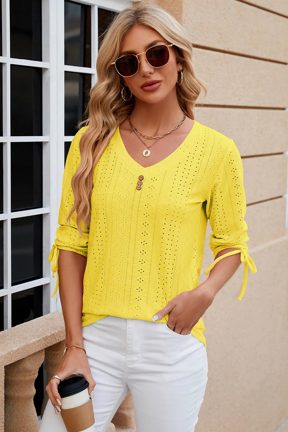 Eyelet Drawstring V-Neck Half Sleeve T-Shirt – Trendsi | ClozArt