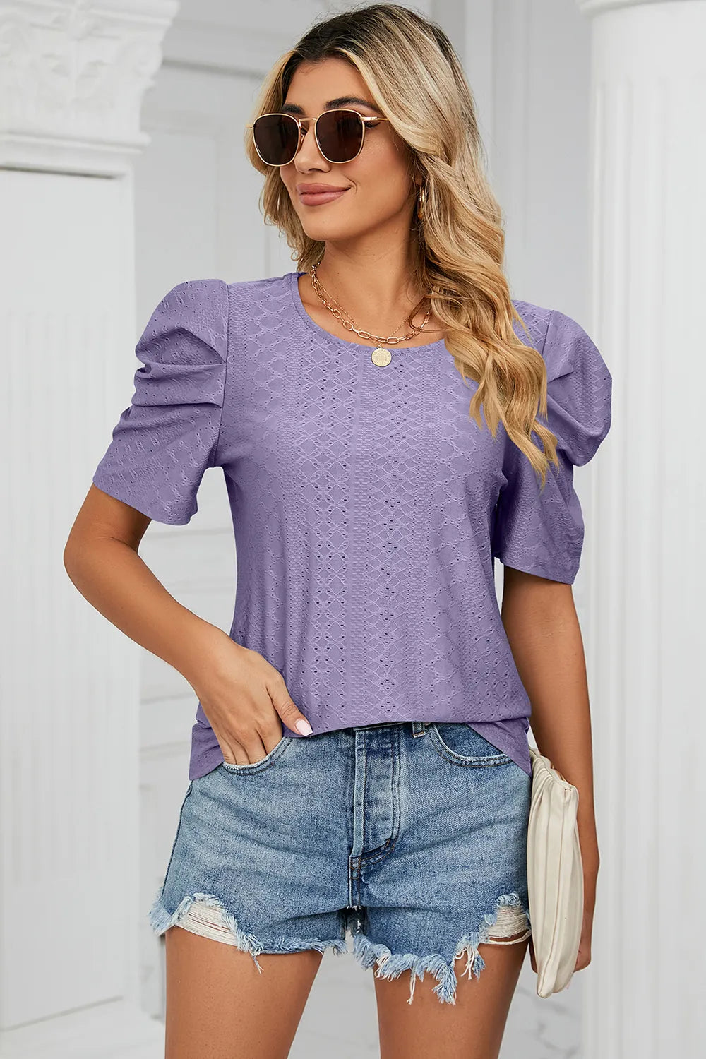 Eyelet Round Neck Puff Sleeve T-Shirt – Trendsi | ClozArt
