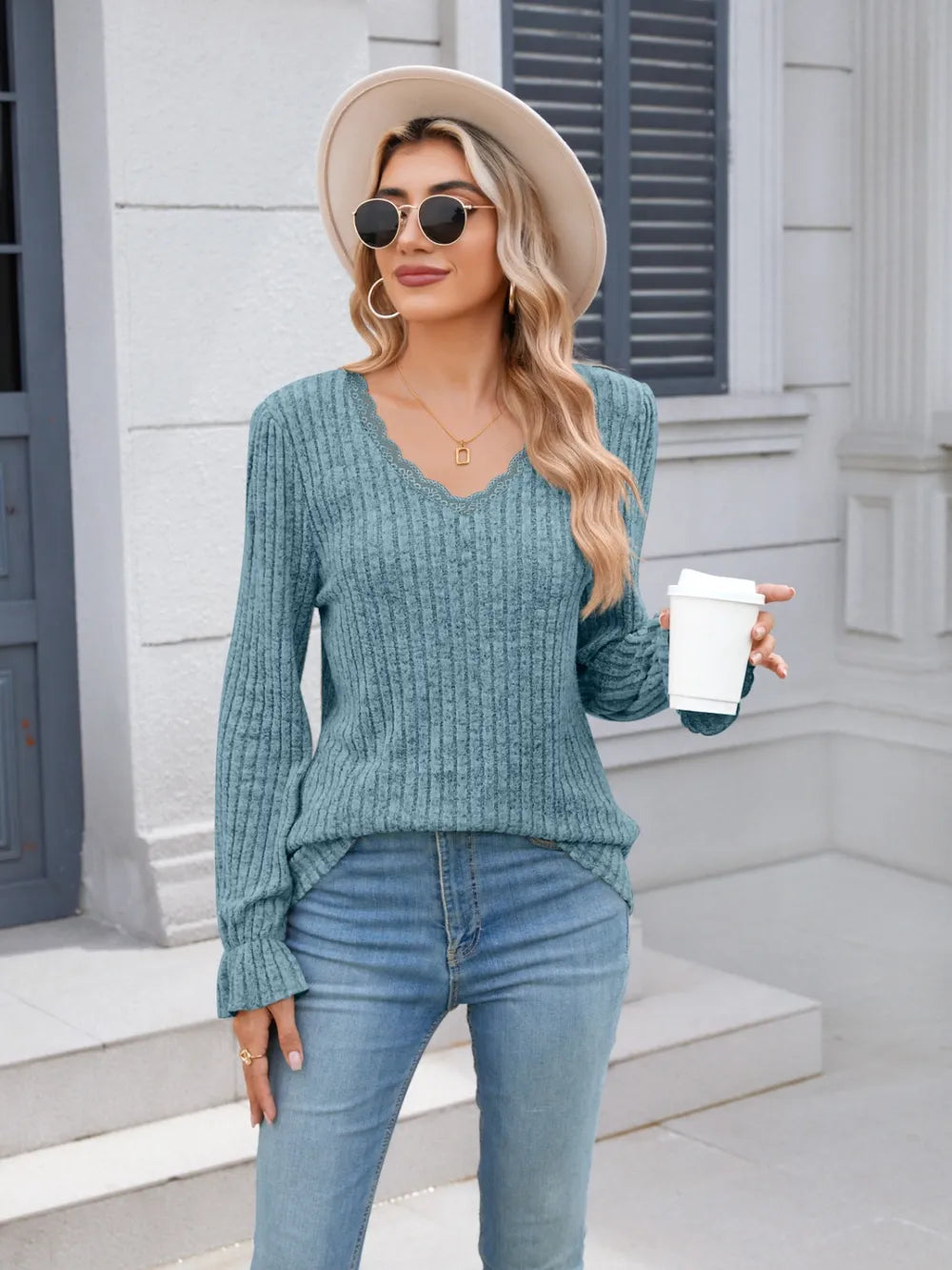 Lace Detail V-Neck Long Sleeve T-Shirt – Trendsi | ClozArt