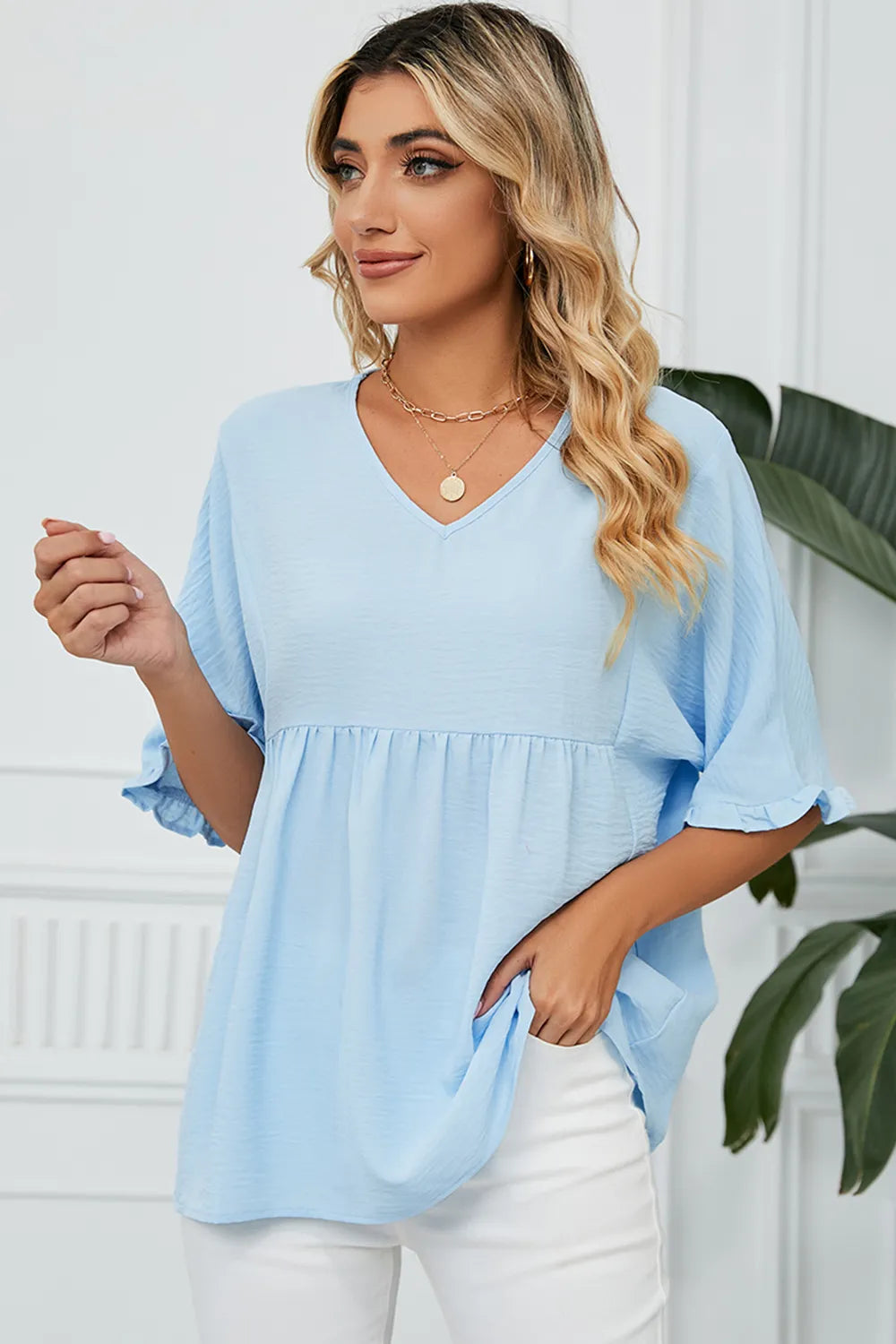 Peplum V-Neck Half Sleeve T-Shirt – Trendsi | ClozArt