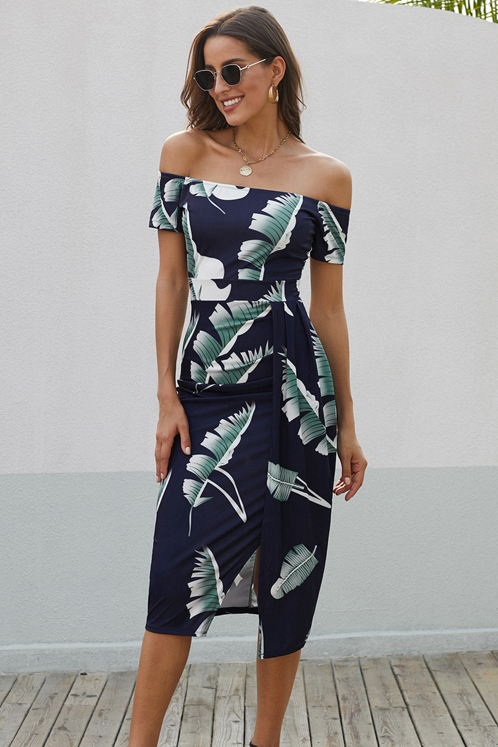 Printed Off-Shoulder Split Dress – Trendsi | ClozArt