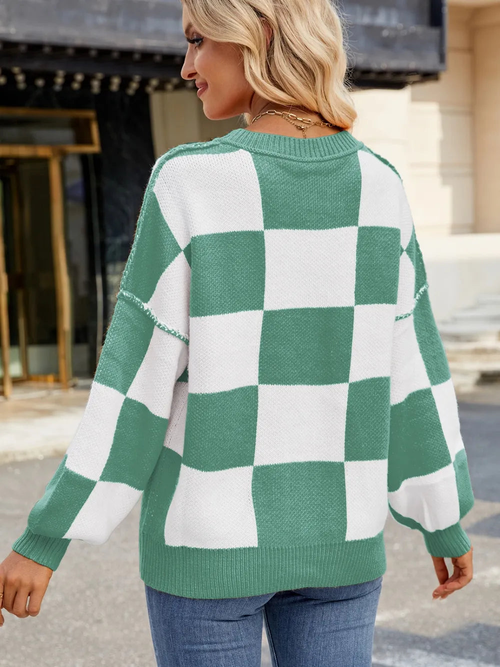 Checkered Round Neck Long Sleeve Sweater – Trendsi | ClozArt