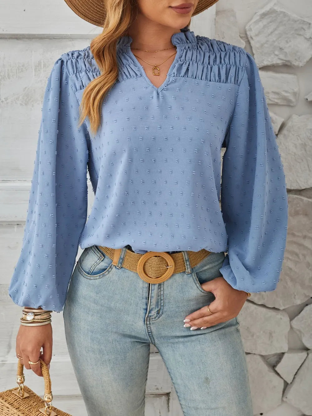 Ruched Swiss Dot Notched Balloon Sleeve T-Shirt – Trendsi | ClozArt