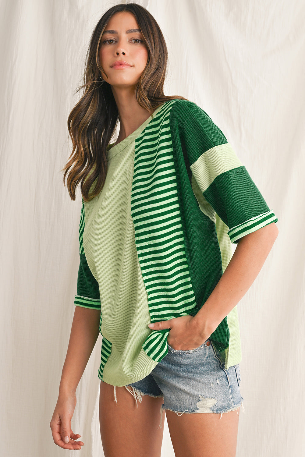 Mint Green Striped Patchwork Half Sleeve T Shirt – Shewin | ClozArt