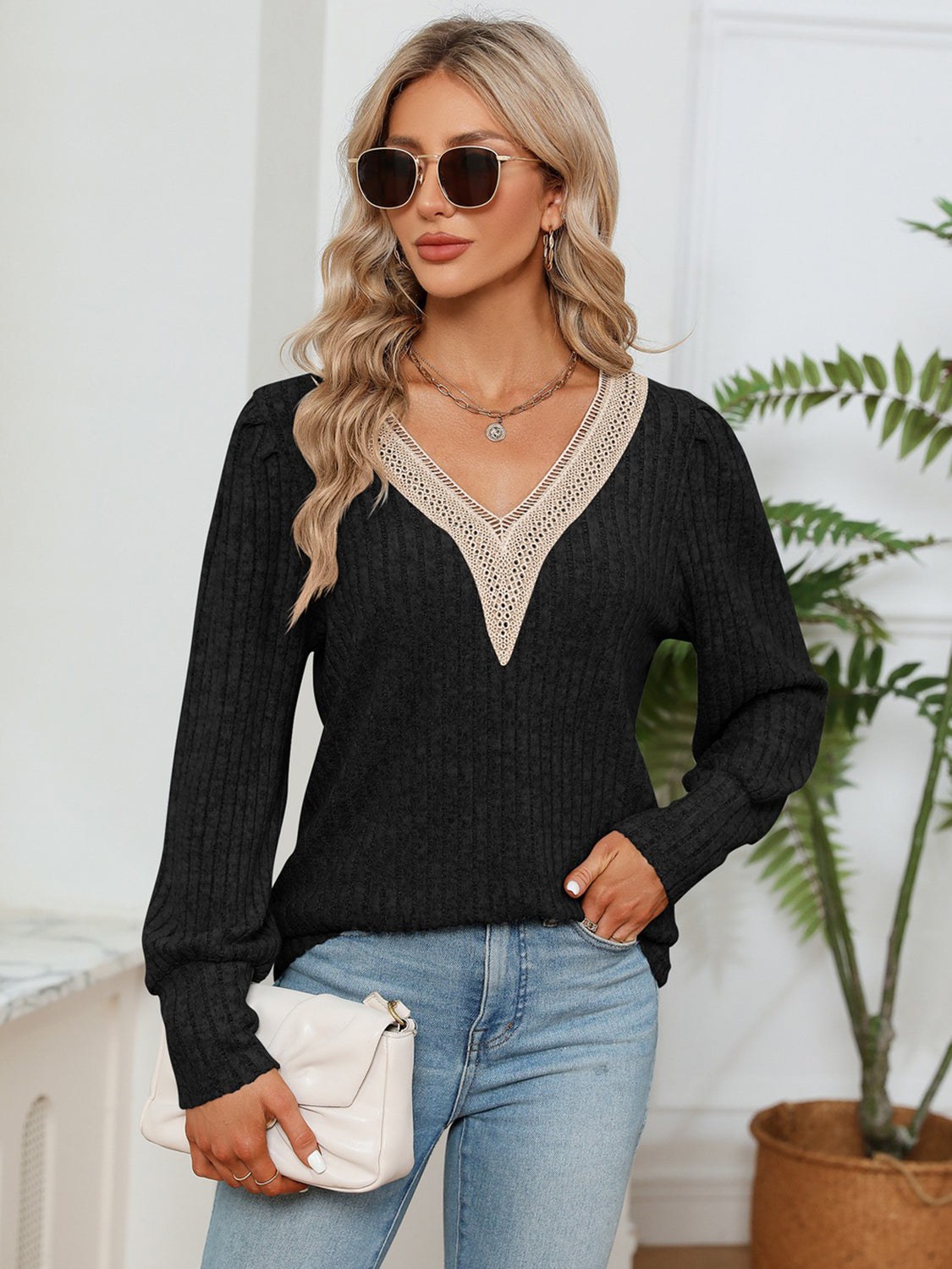 Lace Detail V-Neck Ribbed Blouse – Trendsi | ClozArt