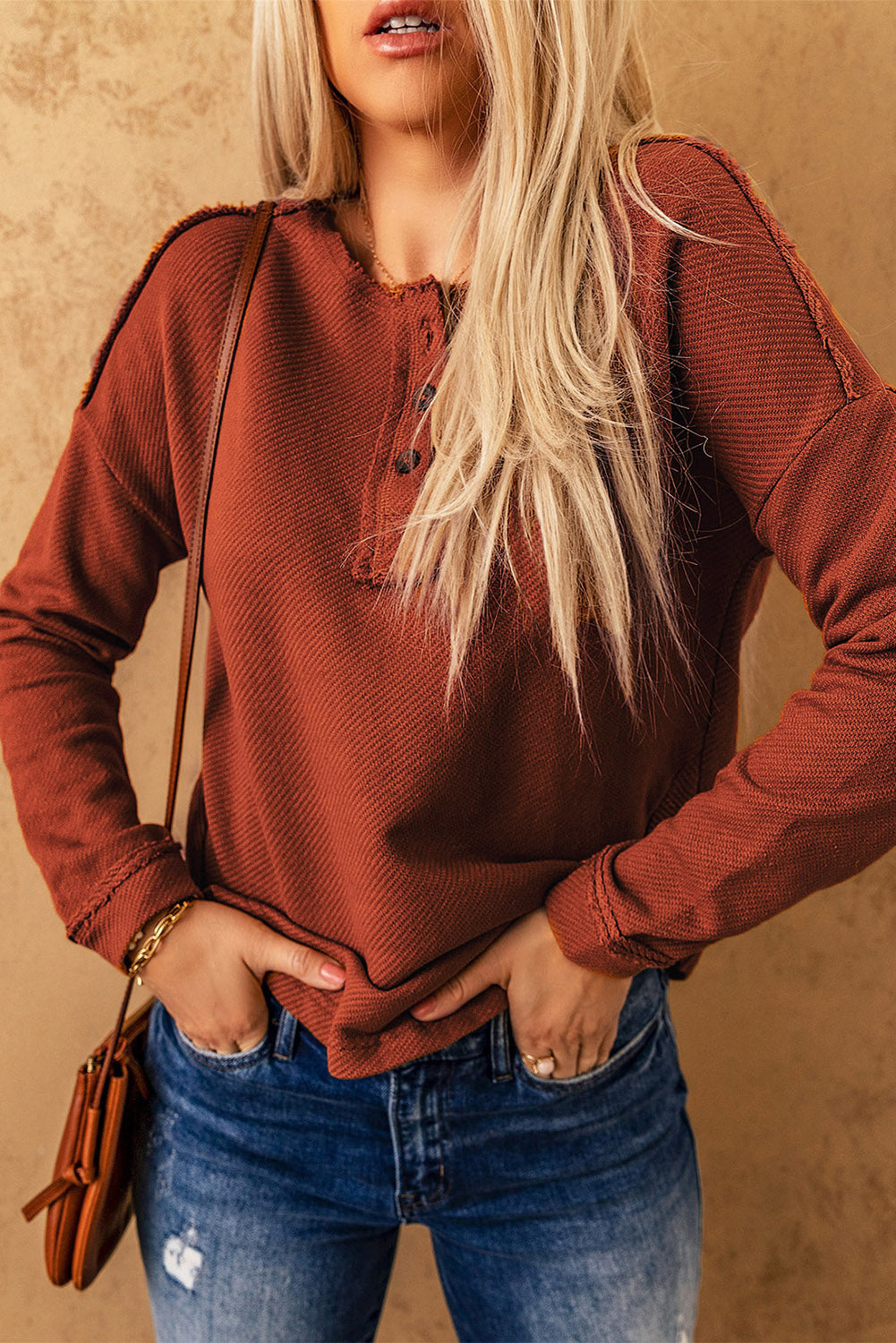 Exposed Seams Round Neck Long Sleeve Blouse – Trendsi | ClozArt