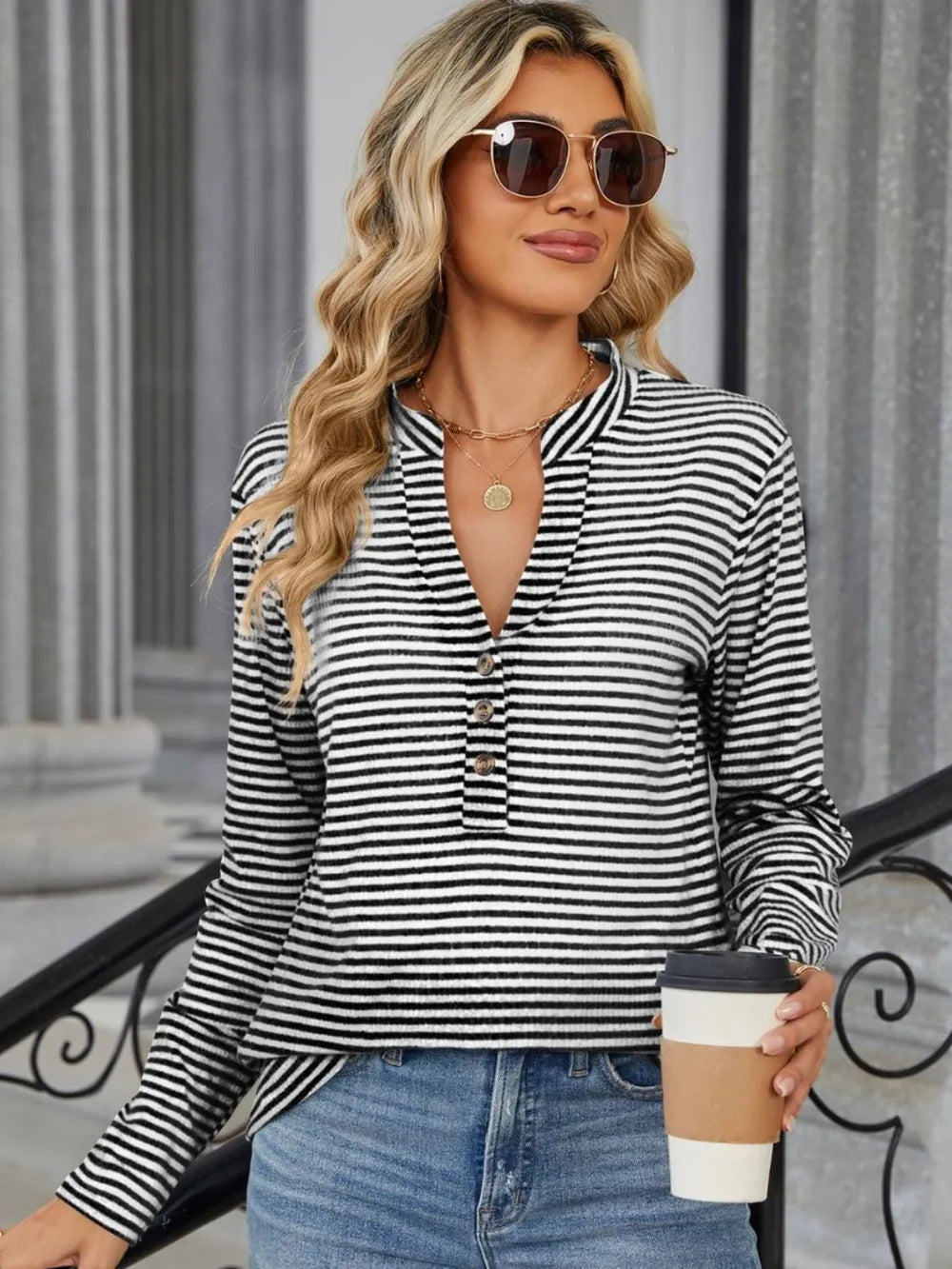 Striped Notched Long Sleeve T-Shirt – Trendsi | ClozArt