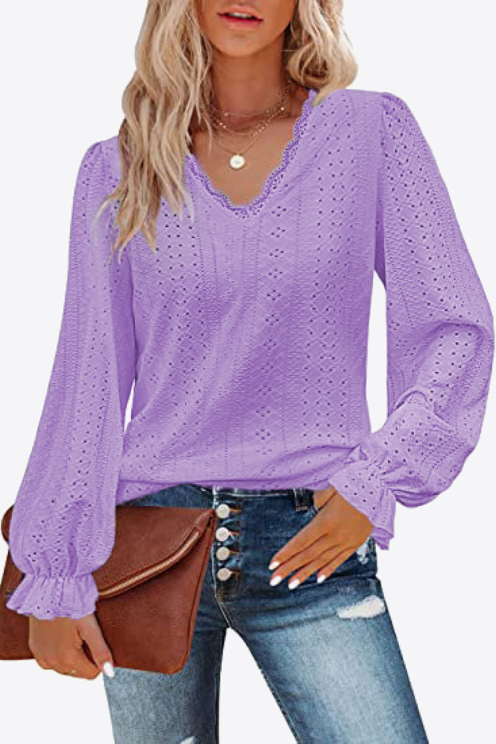 Eyelet V-Neck Flounce Sleeve Blouse – Trendsi | ClozArt