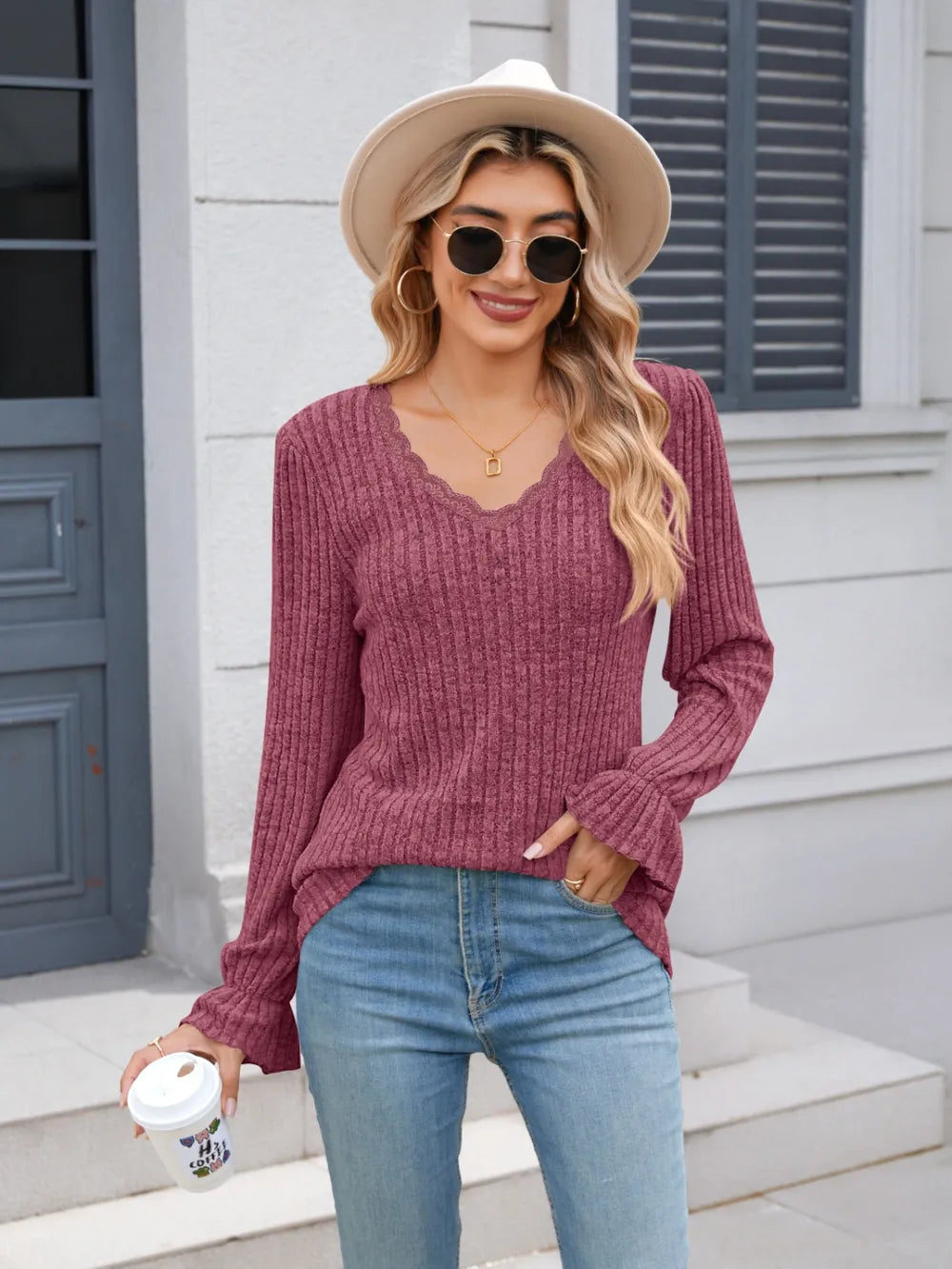 Lace Detail V-Neck Long Sleeve T-Shirt – Trendsi | ClozArt