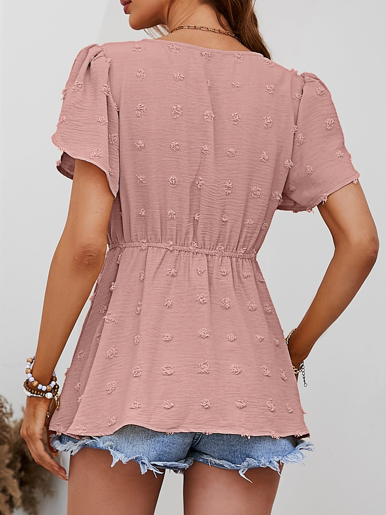 Swiss Dot Buttoned Petal Sleeve Peplum Blouse – Trendsi | ClozArt