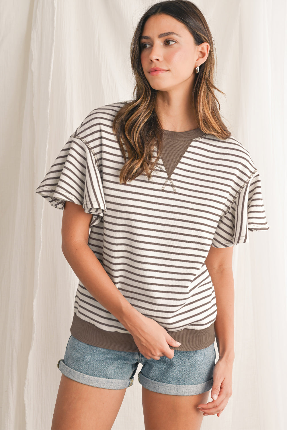 Sachet Pink Striped Ruffle Sleeve Round Neck Top – Shewin | ClozArt