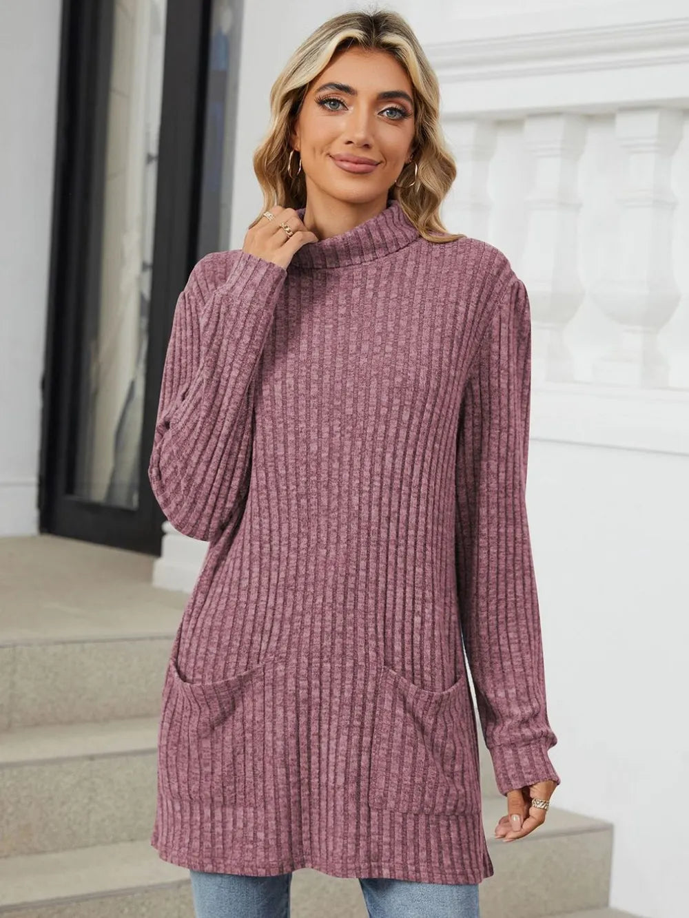 Ribbed Mock Neck Long Sleeve T-Shirt – Trendsi | ClozArt