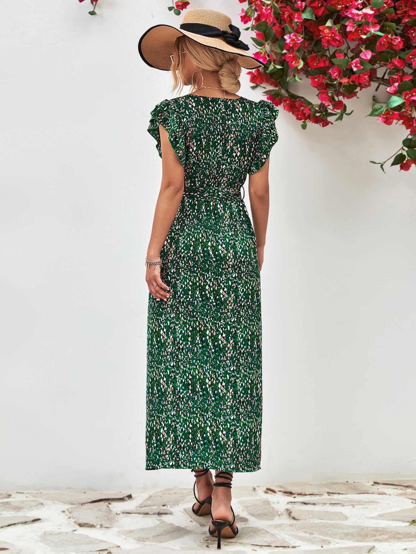 Printed Surplice Neck Flutter Sleeve Slit Dress – Trendsi | ClozArt