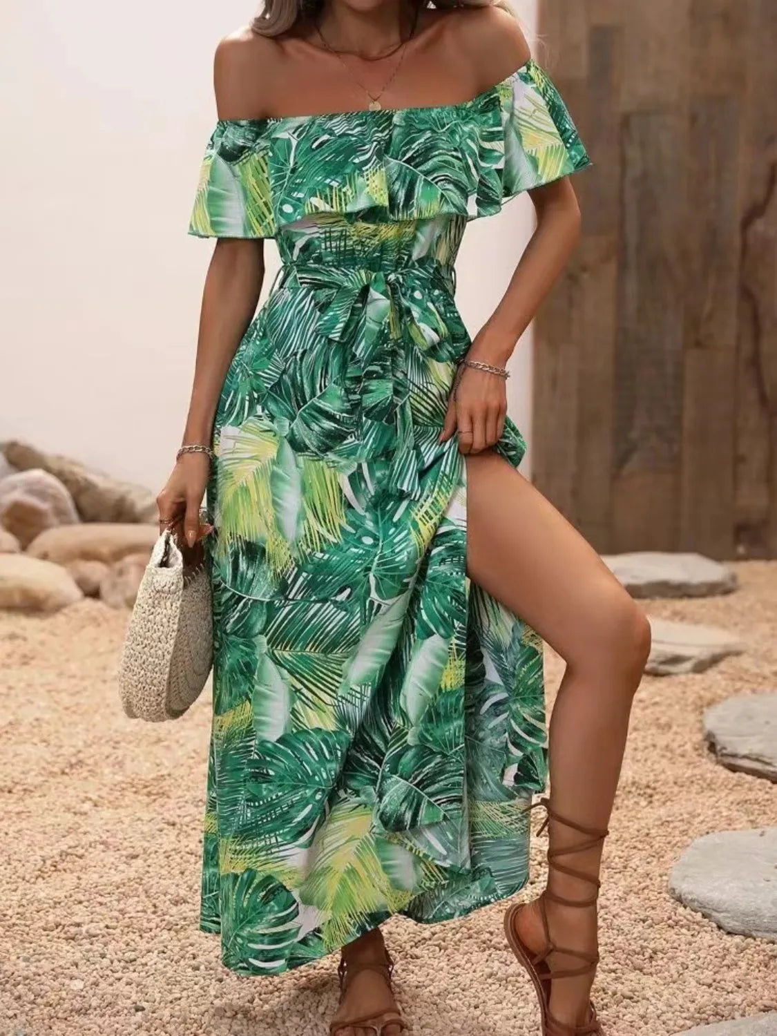 Ruffled Printed Off Shoulder Maxi Dress – Trendsi | ClozArt