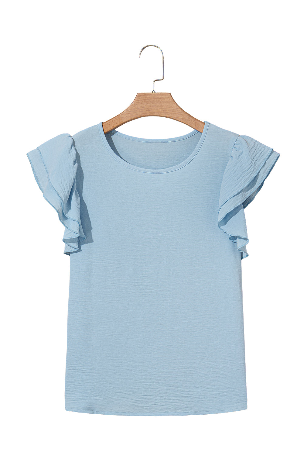 Mist Blue Solid Color Ruffle Sleeve Crinkled Blouse – Shewin | ClozArt