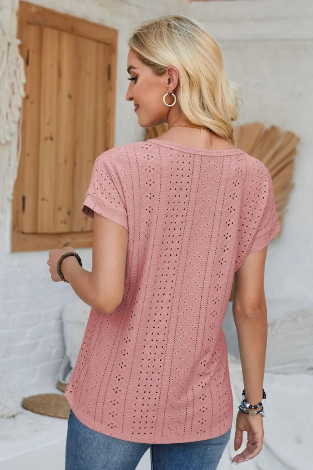 Eyelet Round Neck Rolled Short Sleeve T-Shirt – Trendsi | ClozArt