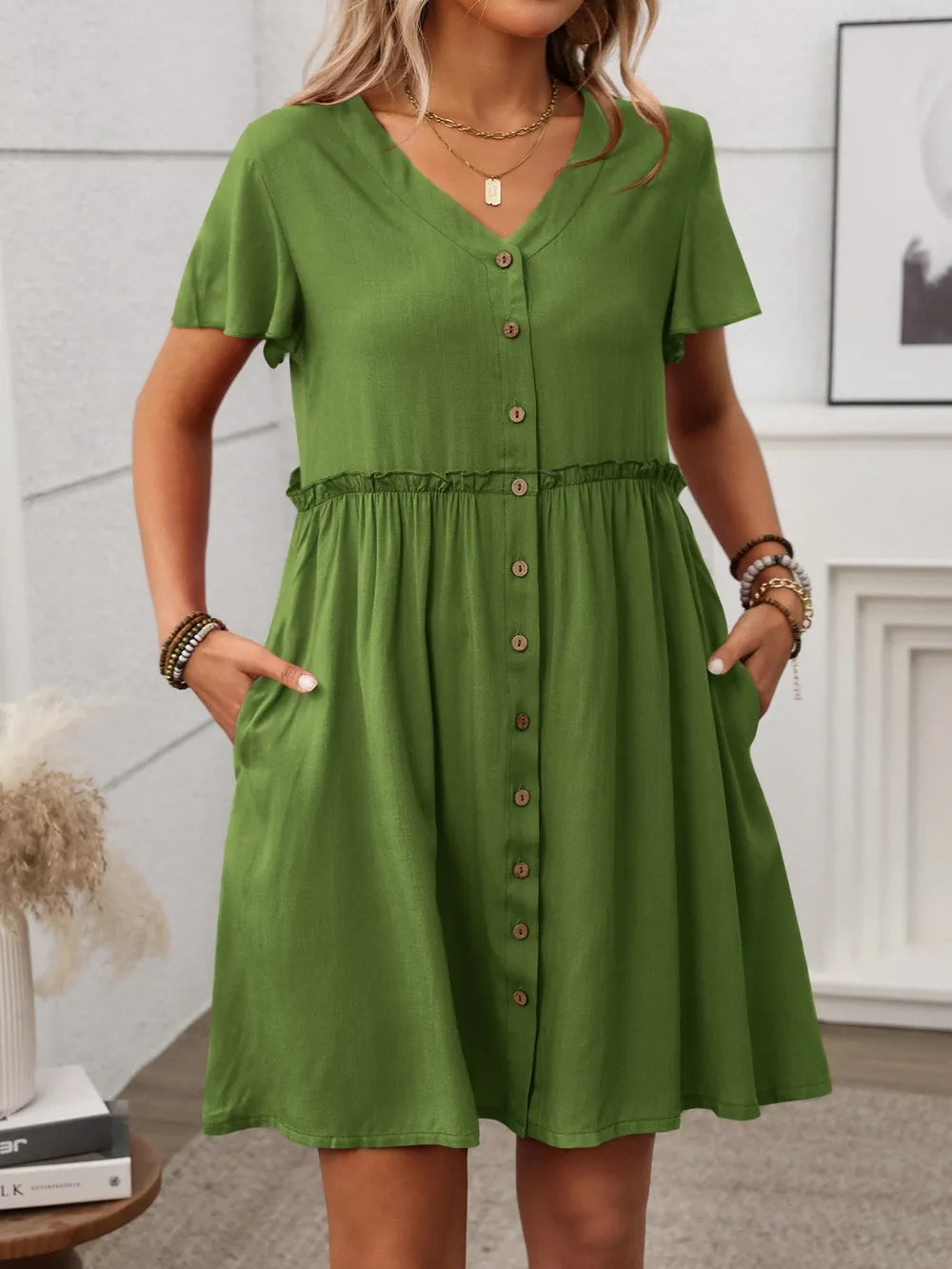 Button Front Flutter Sleeve Dress – Trendsi | ClozArt