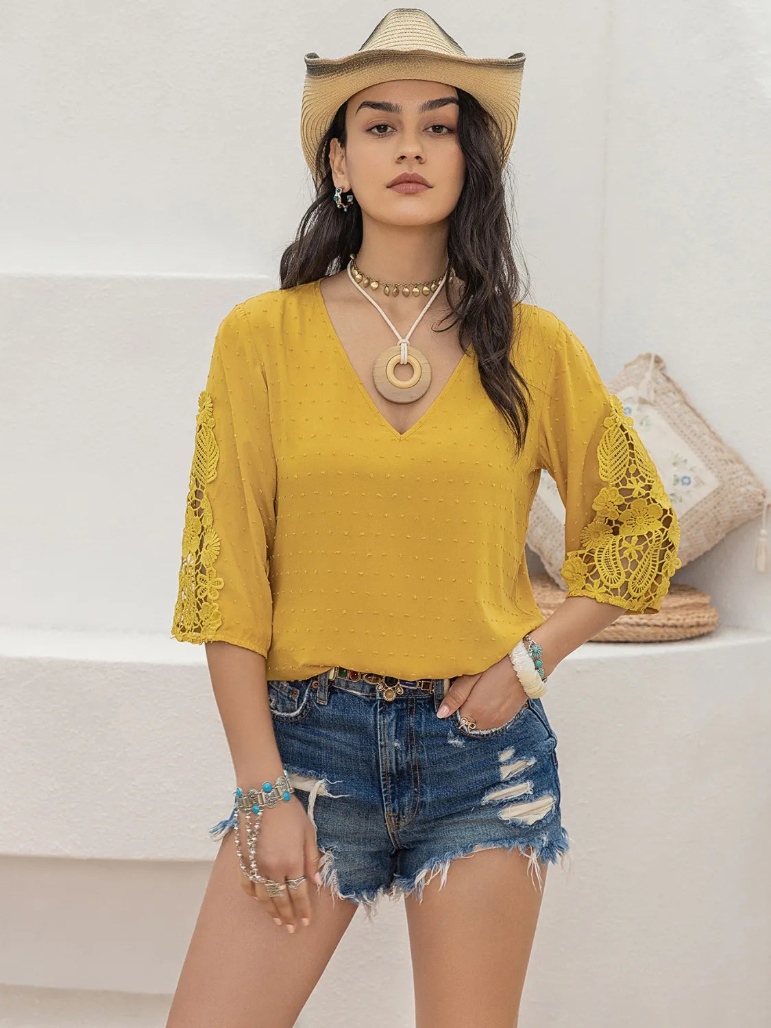 V-Neck Lace Three-Quarter Sleeve Top – Trendsi | ClozArt