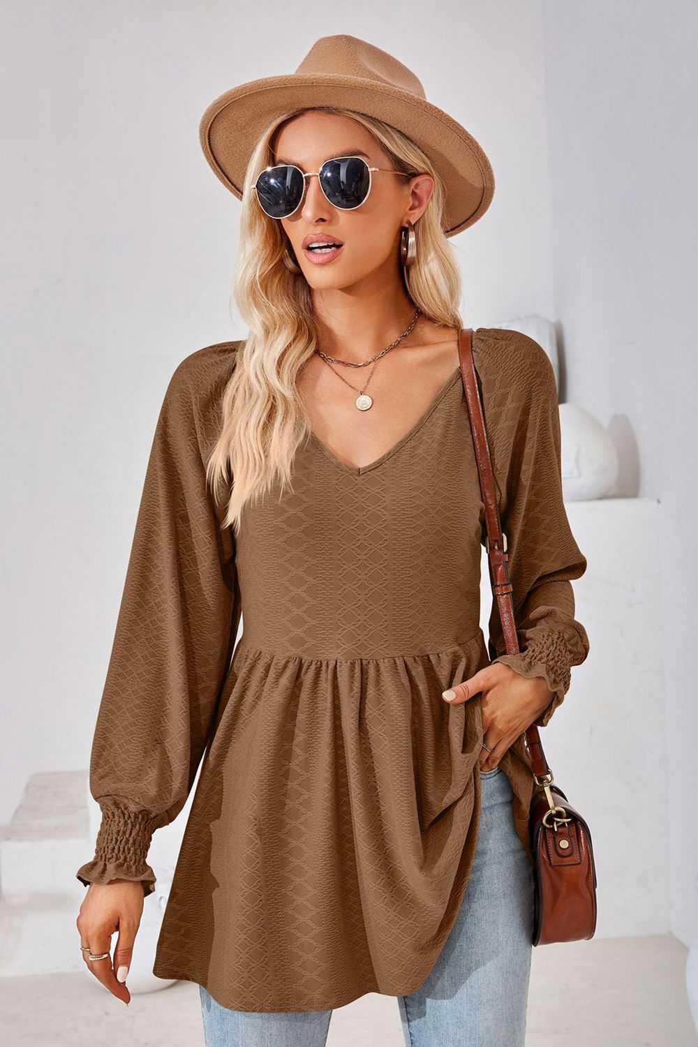 V-Neck Lantern Sleeve Blouse – Trendsi | ClozArt