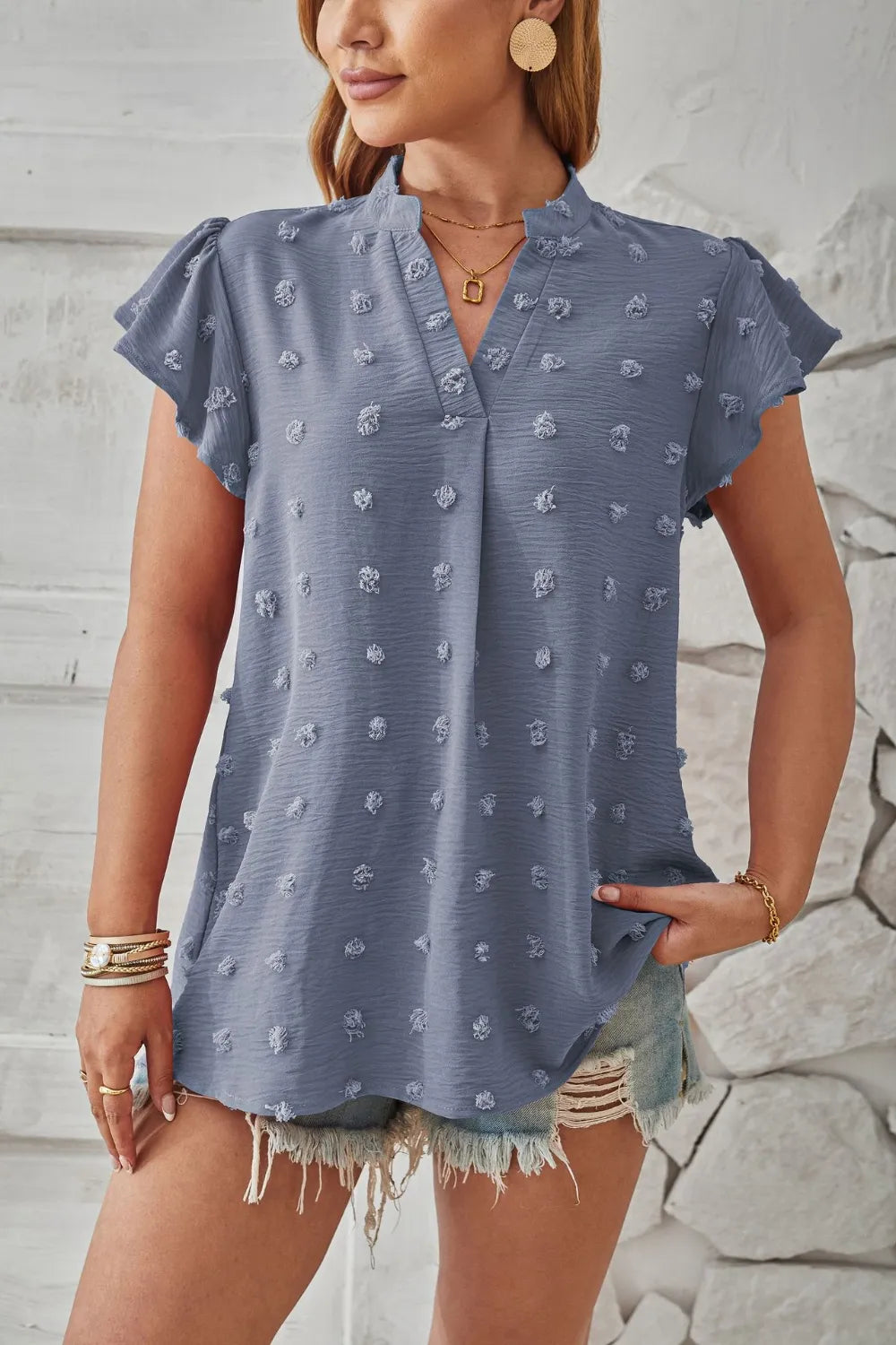 Swiss Dot Notched Cap Sleeve T-Shirt – Trendsi | ClozArt