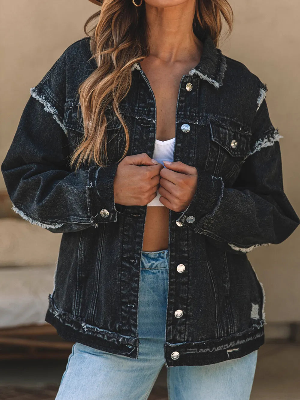 Button Up Raw Hem Distressed Denim Jacket – Trendsi | ClozArt