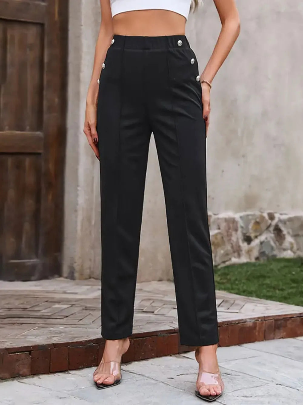 Decorative Button Elastic Waist Pants – Trendsi | ClozArt