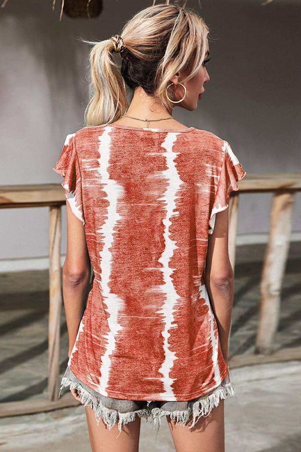 Shiny Tie-Dye Buttoned Flutter Sleeve Blouse – Trendsi | ClozArt