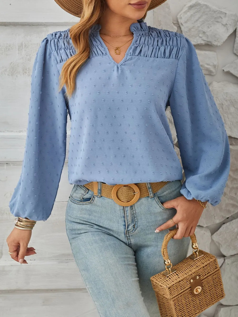 Ruched Swiss Dot Notched Balloon Sleeve T-Shirt – Trendsi | ClozArt