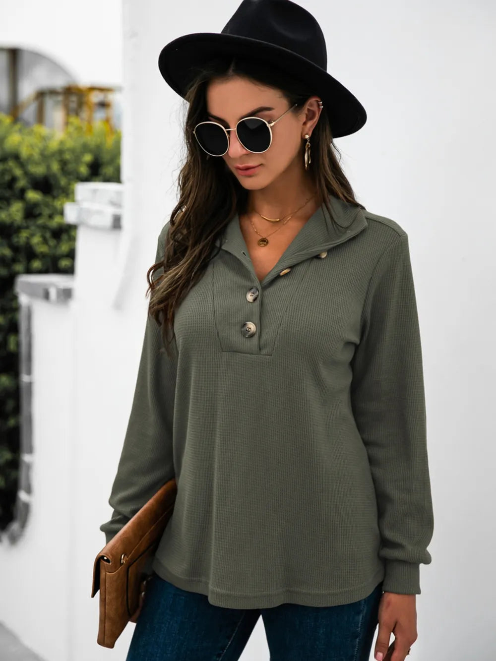 Half Button Long Sleeve T-Shirt – Trendsi | ClozArt