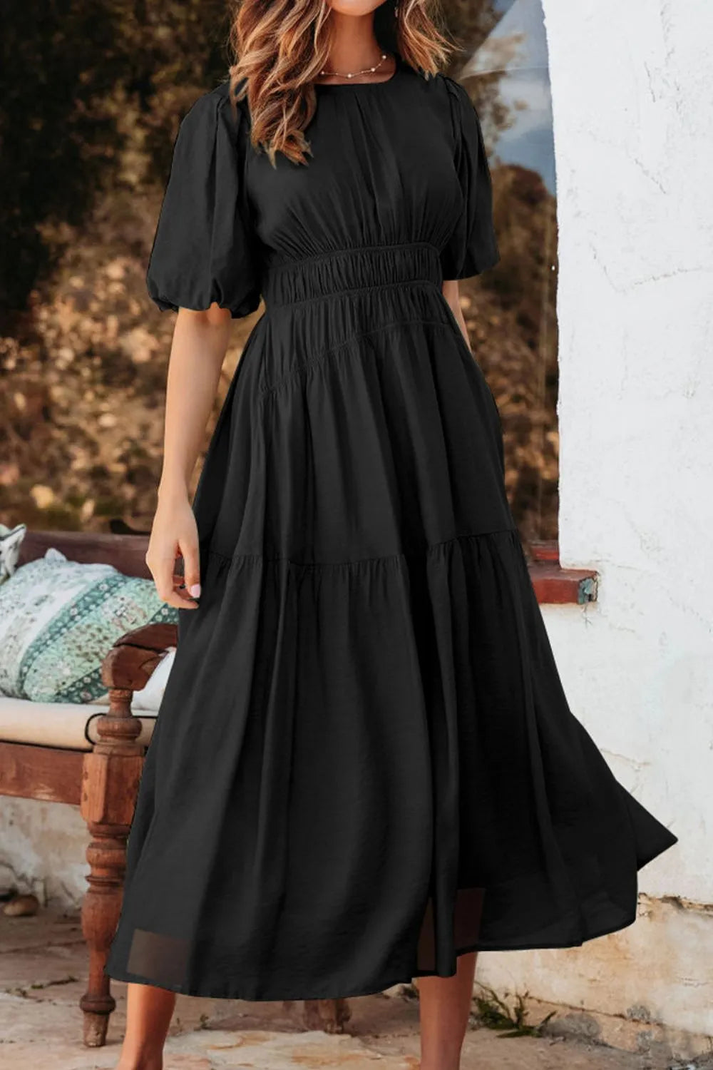 Puff Sleeve Pleated High Waist Flowy Midi Dress – Trendsi | ClozArt